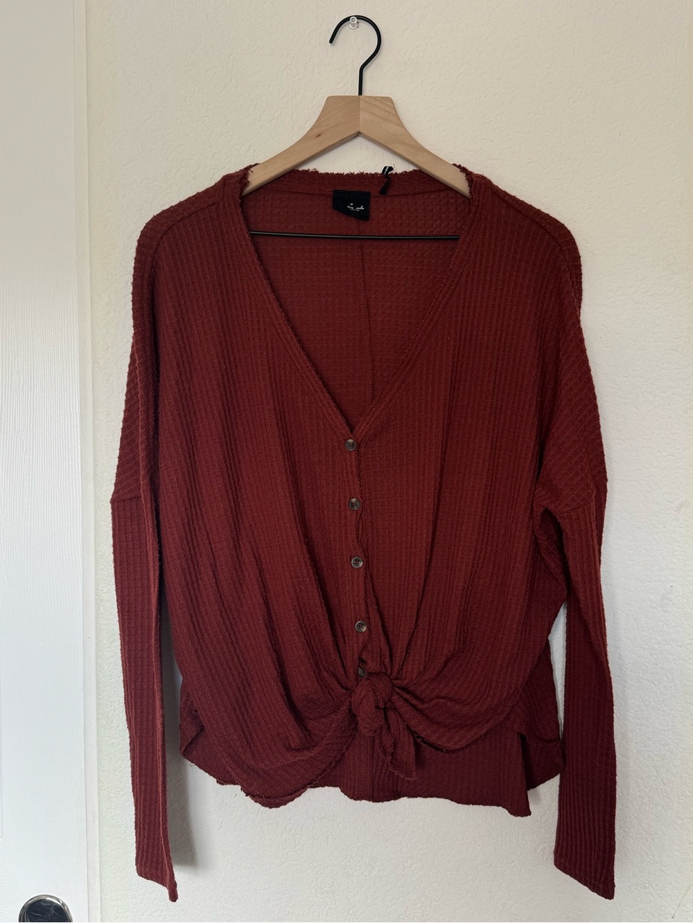 Urban Outfitters Red Rust Thermal Knit Waffle Front Tie Top Size Small